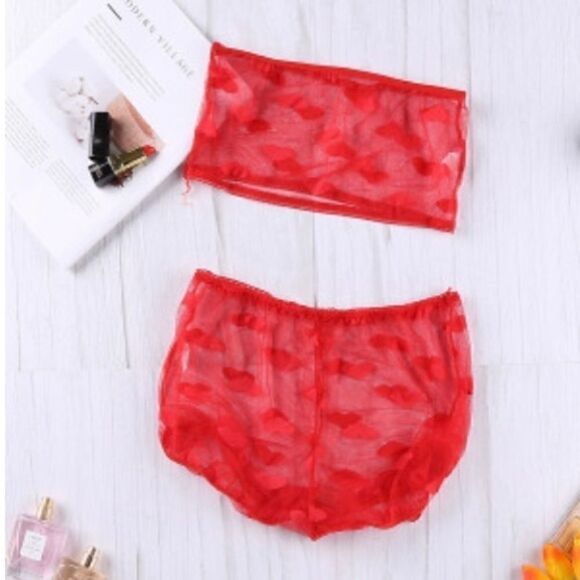 NWT Red Lingerie Intimate Lace Mesh Tube Top Sexy Hearts Love Night Ruffle - Picture 2 of 7